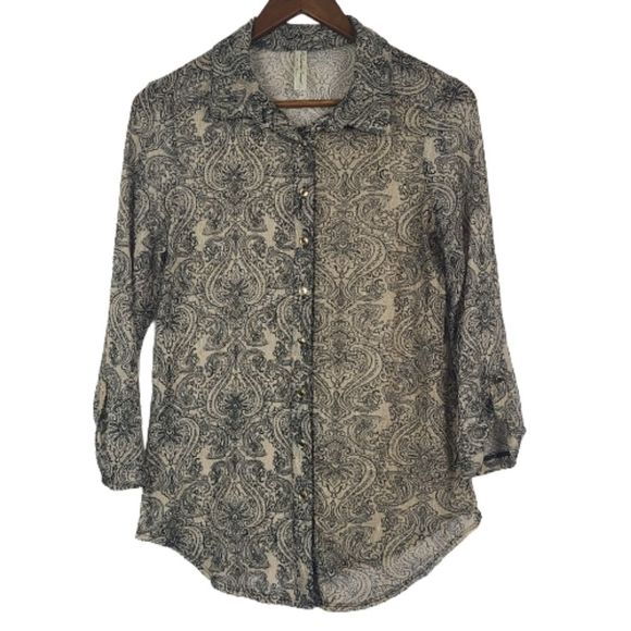 Perseption Concept Womens Semi Sheer Button Down Blouse Top Size Large Tan Black - Picture 1 of 16